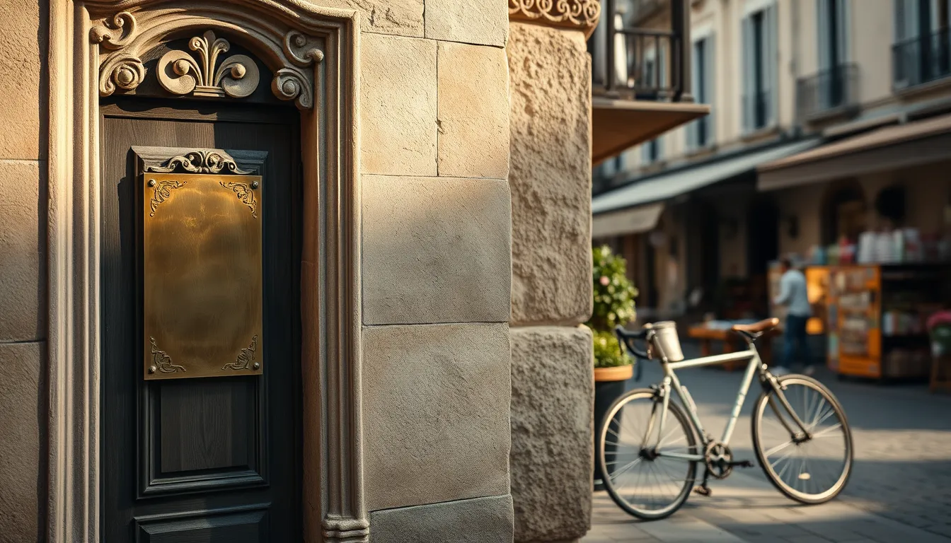 Porte en pierre d'une maison de ville avec plaque vierge et vélo adossé