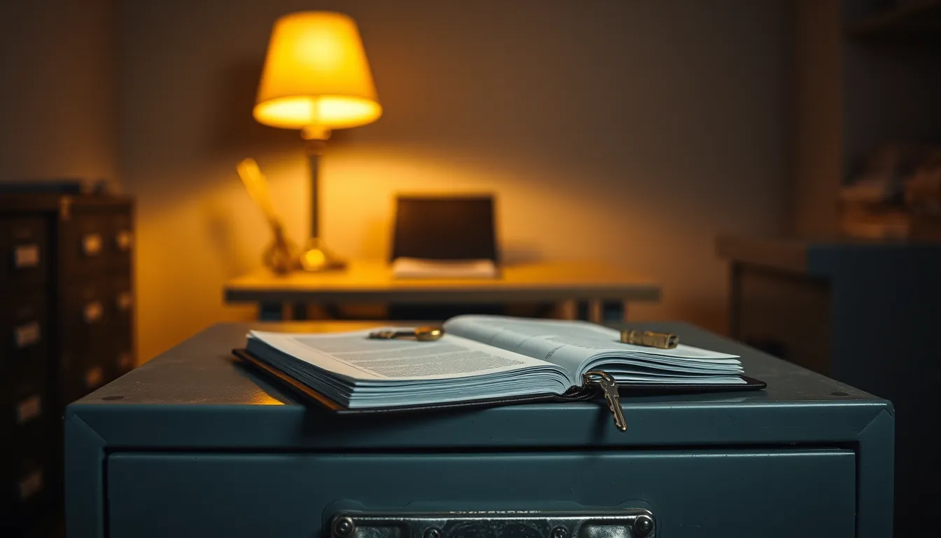 Armoire métallique fermée à clé dans une pièce sombre, éclairée par une lampe de bureau