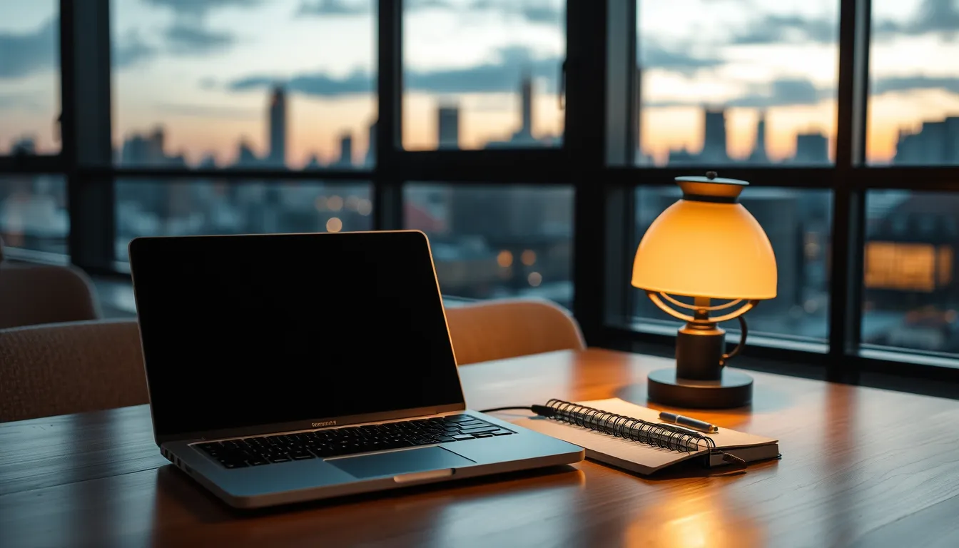 Bureau vide au crépuscule avec ordinateur portable fermé, carnet et lampe allumée
