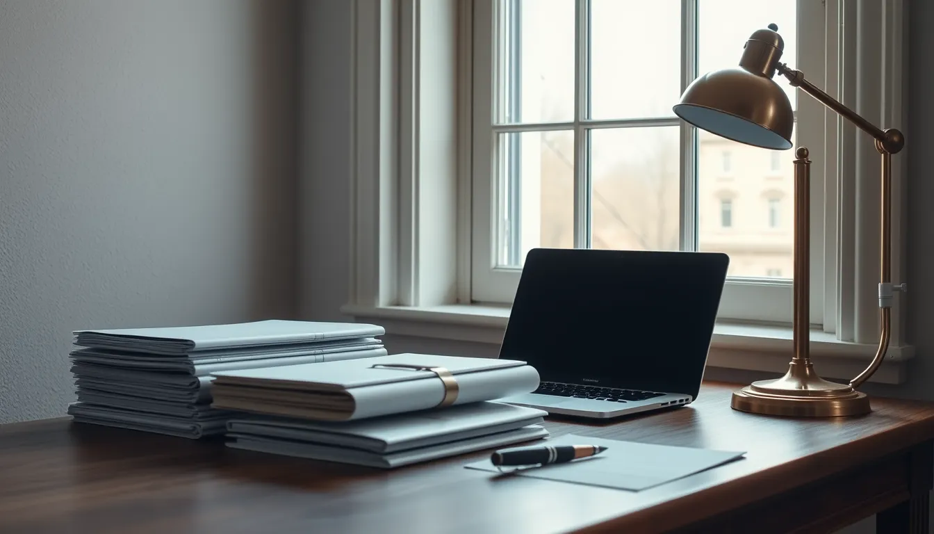 Bureau en bois près d'une fenêtre avec ordinateur portable, dossiers et stylo plume